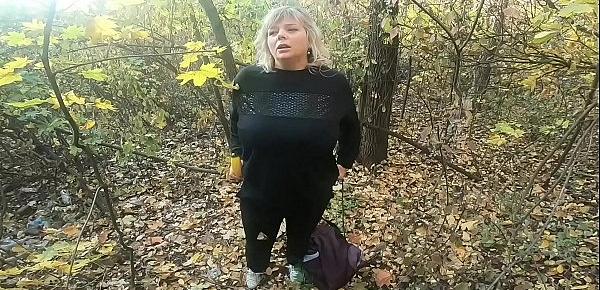  Chubby on forest smoking and play with toy with  boobs